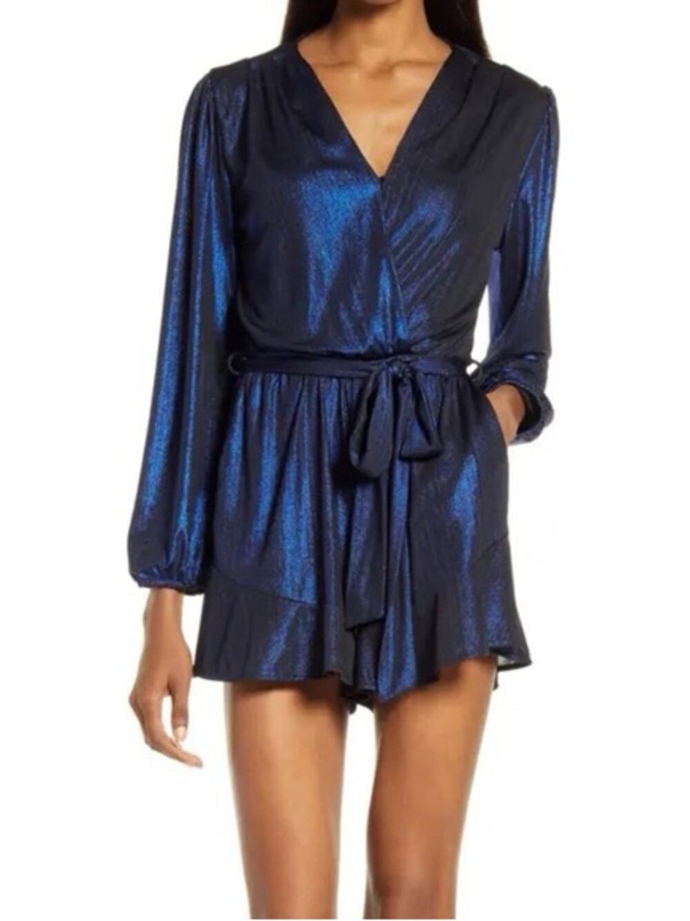Fraiche By J Glitter Flair Ruffle Long Sleeve Tie Waist Romper